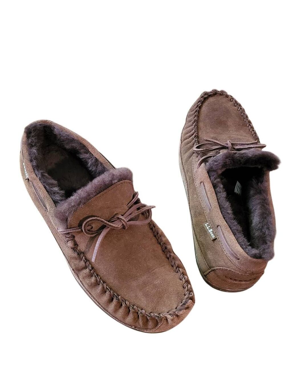 L.L. Bean Slippers Men's 10 Wide Brown Suede Leather Wicked Good Shearling